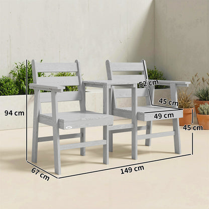 Outdoor Garden Loveseat, Embossed Wooden Jack and Jill Garden Seat with Integrated Table, Grey