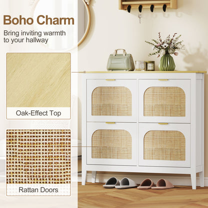 Narrow Shoe Cabinet, Boho Slim Shoe Storage Cabinet with 4 Flip Drawers, Holds 20 Pairs, White