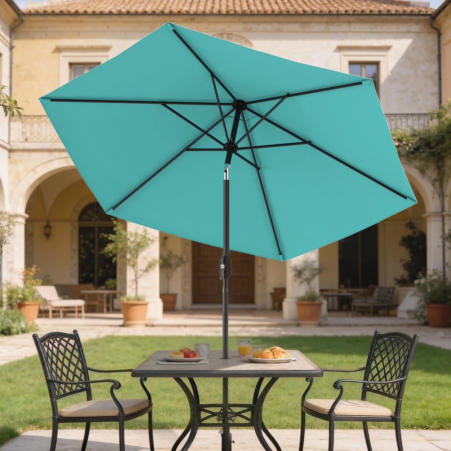 2.6 m Garden Parasol Umbrella with Aluminium Pole, Outdoor Patio Umbrella with Tilt and Crank, Vent, Turquoise