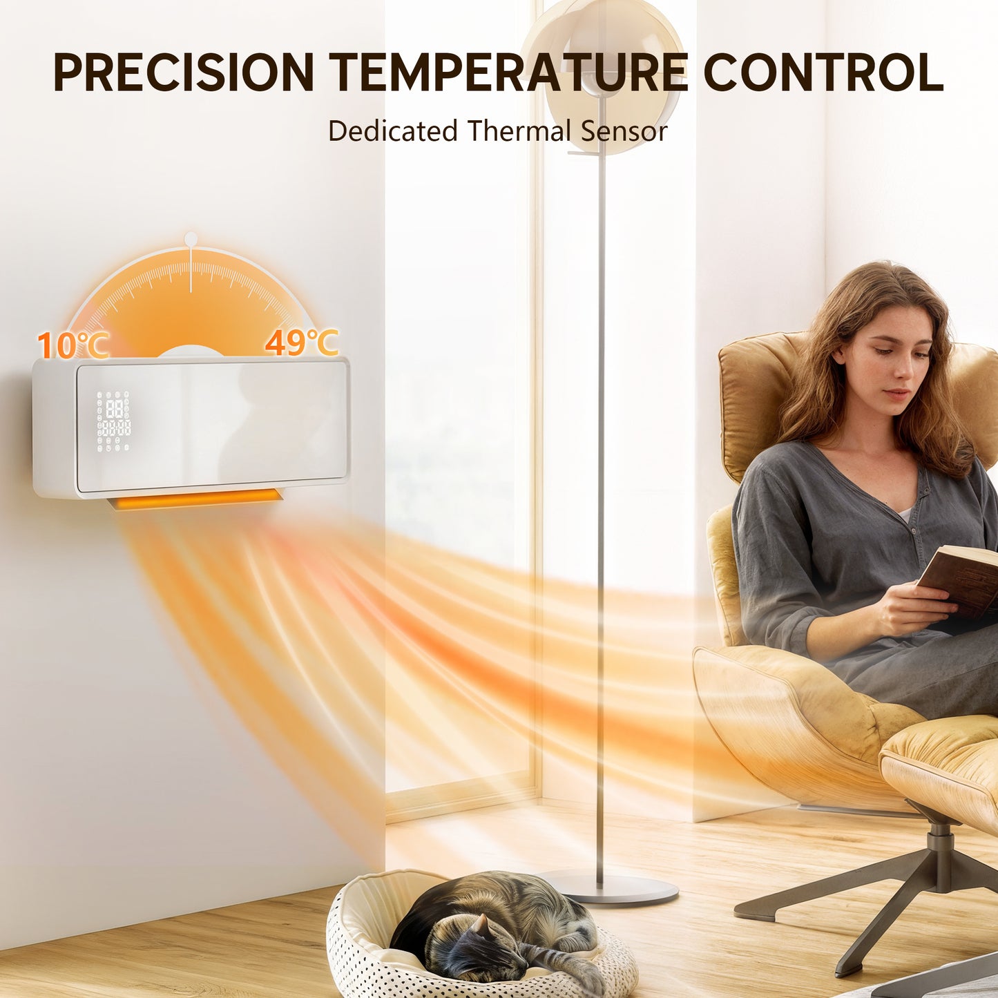 2000W Ceramic Electric Heater with Fan, Adjustable Thermostat, Wall Mounted - White