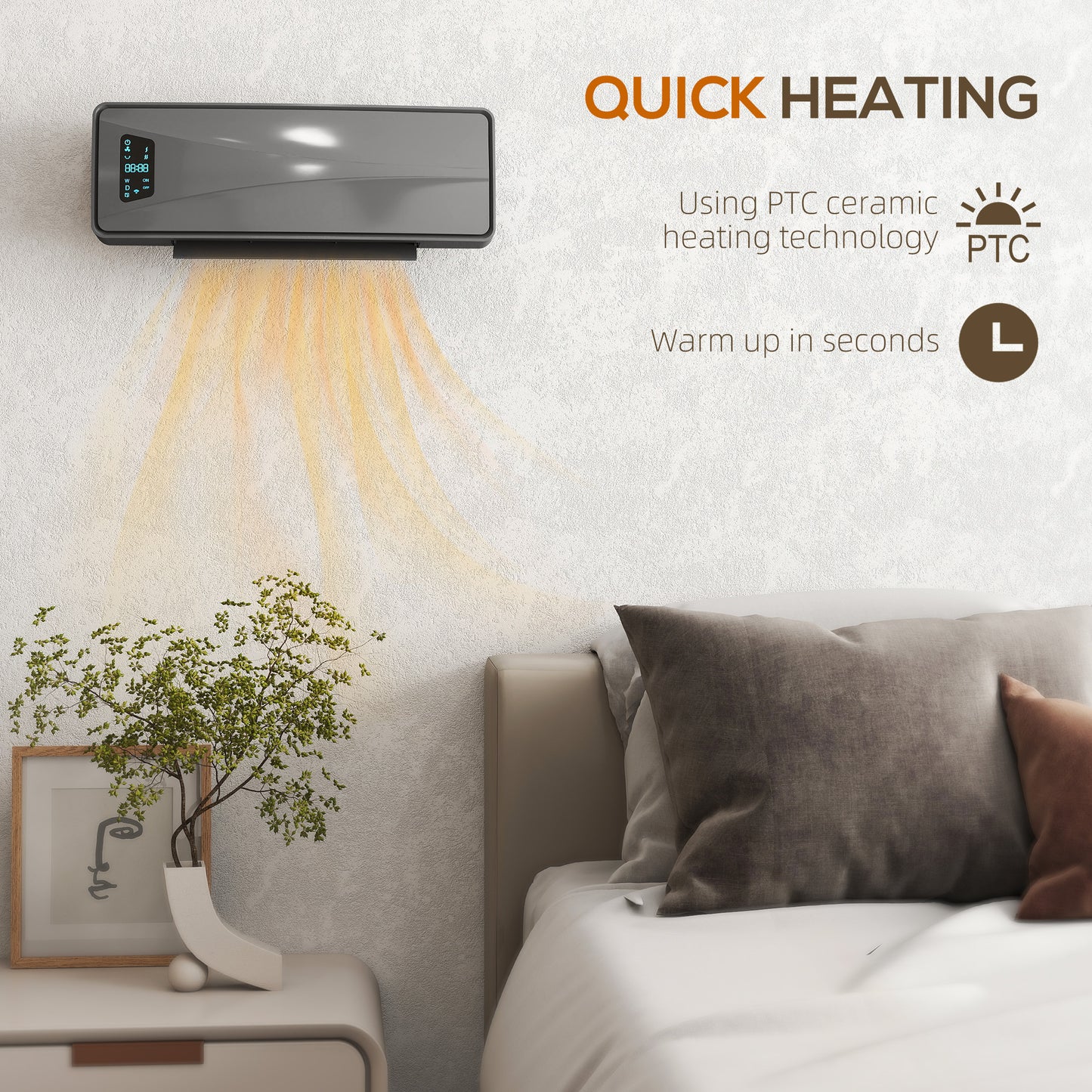 2000W Ceramic Electric Heater with Fan, Adjustable Thermostat, Wall Mounted - Grey