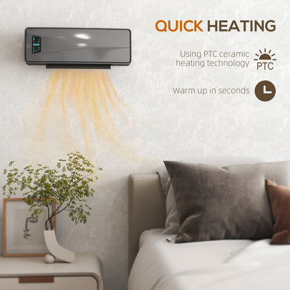 2000W Ceramic Electric Heater with Fan, Adjustable Thermostat, Wall Mounted - Grey
