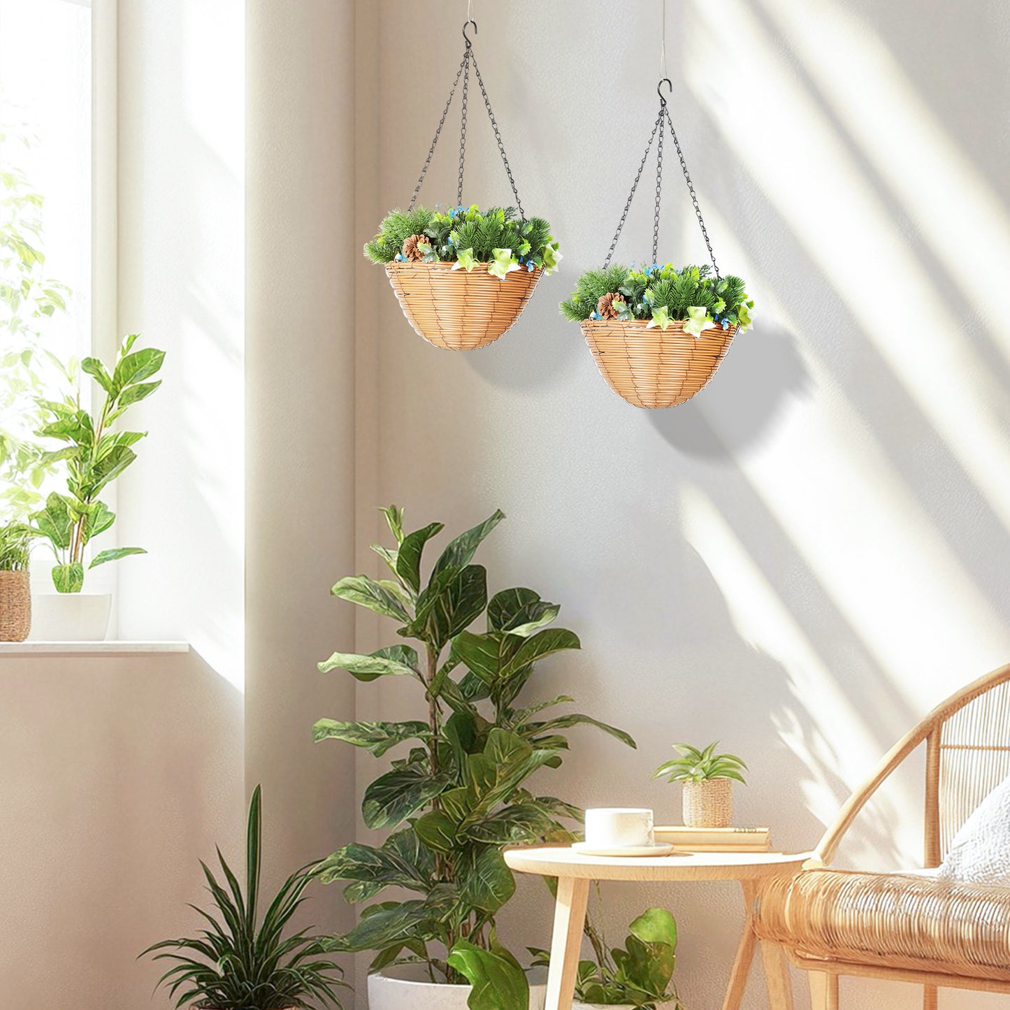 Pack of 2 Faux Plant Artificial Lisianthus Flowers, Hanging Planters with Basket, PE Leaves, 18 Flowers and 3 Pinecones
