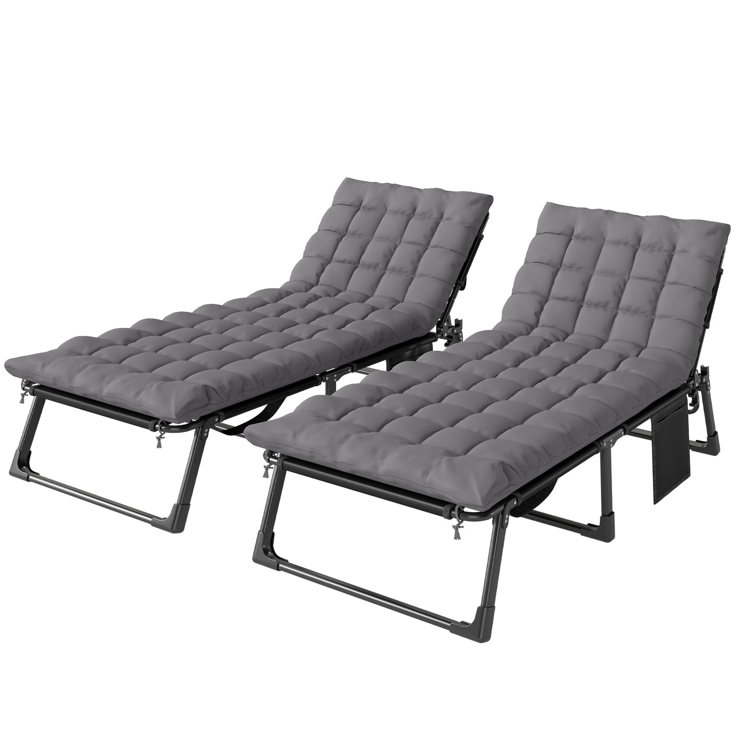 Folding Sun Loungers for Garden Set of 2, 5-Position Oversized Camping Bed Recliner with Cushions, Dark Grey
