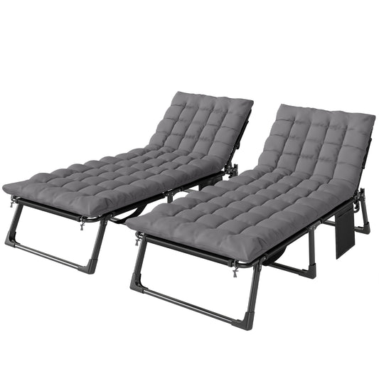 Folding Sun Loungers for Garden Set of 2, 5-Position Oversized Camping Bed Recliner with Cushions, Dark Grey
