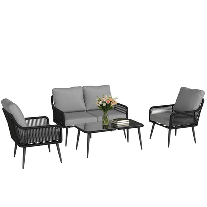 Rattan Garden Furniture Set, 4 Piece Outdoor Patio Furniture with Tempered Glass Table and Chairs