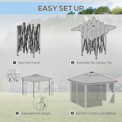 3.36 x 3.36m Pop Up Gazebo Party Tent with Solar-Powered LED Lights, Adjustable Event Shelter with Netting, Khaki