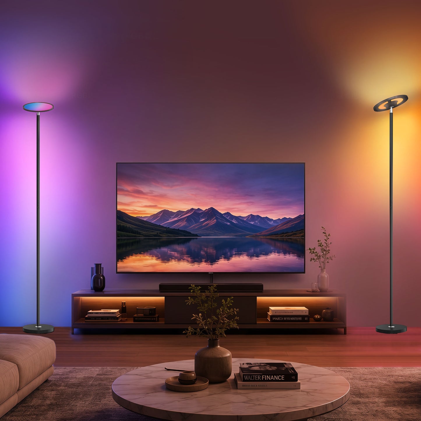 Uplighter Floor Lamp with Tuya App and Music Sync, Standing Lamp with Adjustable Head for Living Room Bedroom, Black