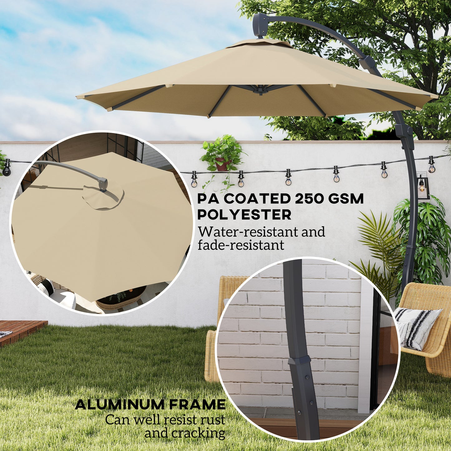 3(m) Garden Cantilever Parasol, Round Overhanging Umbrella with Crank Handle, Cross Base, Aluminium Frame and 360° Rotation