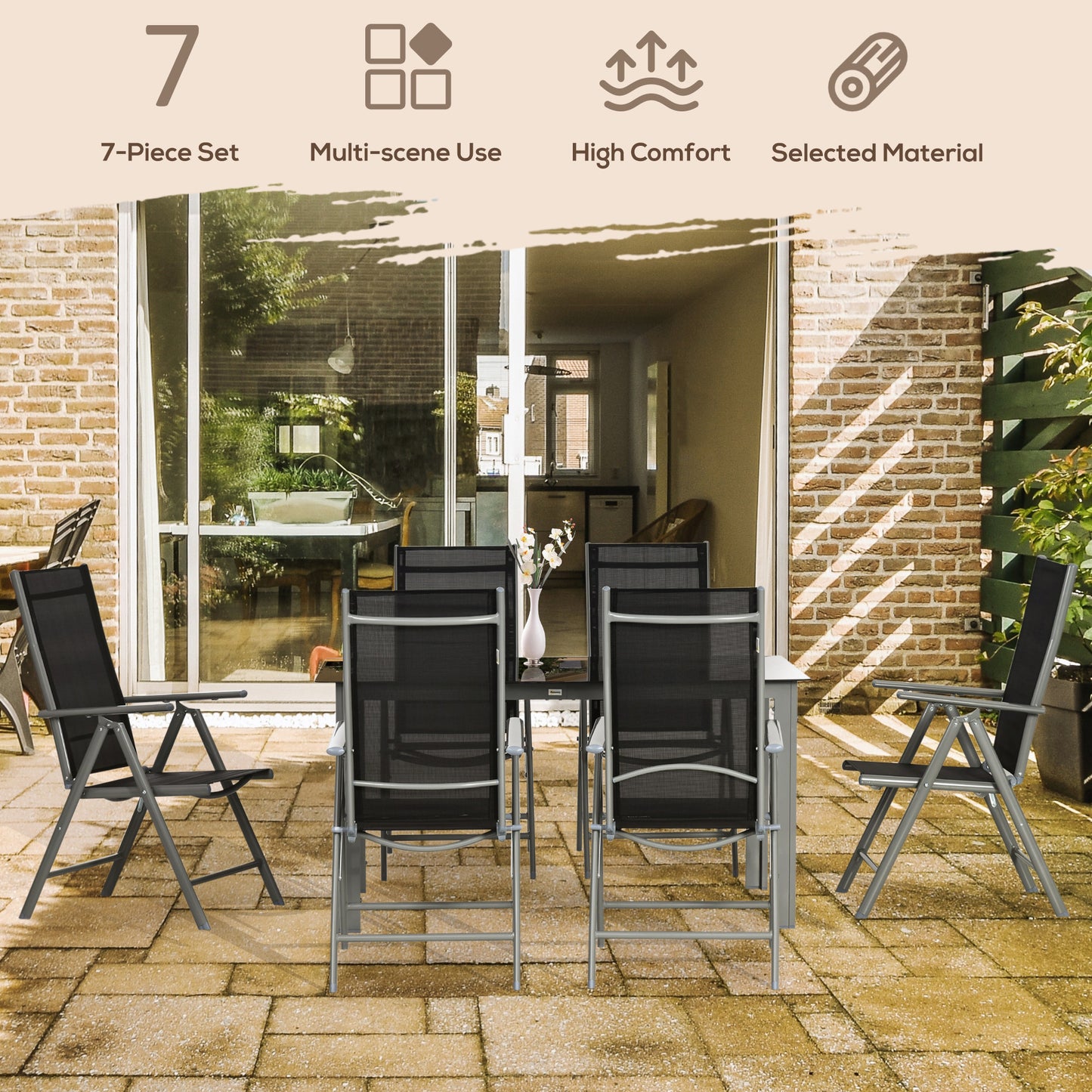 7 Piece Garden Dining Set, Outdoor Table and 6 Folding and Reclining Chairs, Aluminium Frame, Tempered Glass Top Table