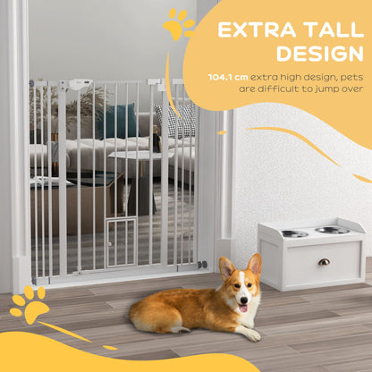 Extra Tall Pet Gate, Indoor Dog Safety Gate, with Cat Flap, Auto Close, 74-101cm Wide - White
