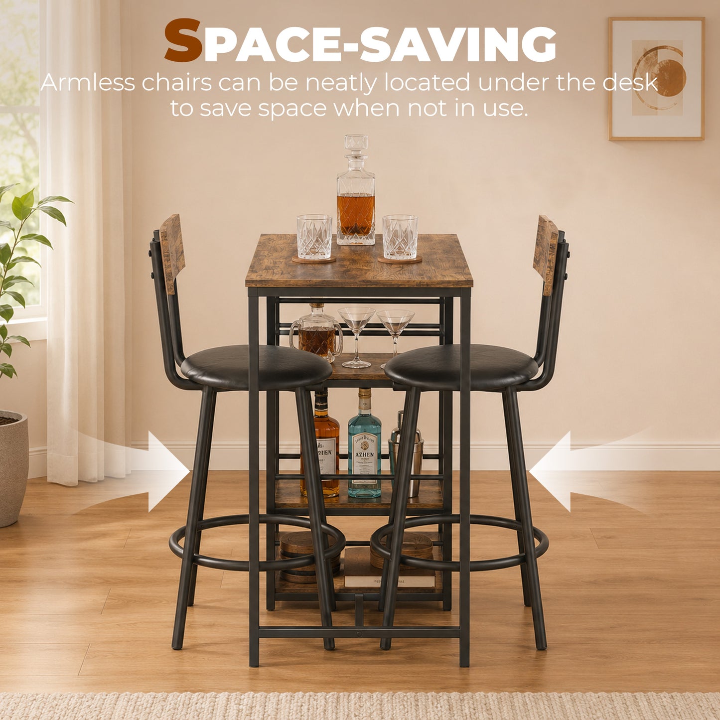 Space Saving Bar Table and PU Leather Stools for 2, 3 Piece Breakfast Bar Table Set with Storage Shelves, Rustic Brown