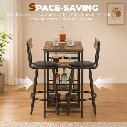 Space Saving Bar Table and PU Leather Stools for 2, 3 Piece Breakfast Bar Table Set with Storage Shelves, Rustic Brown