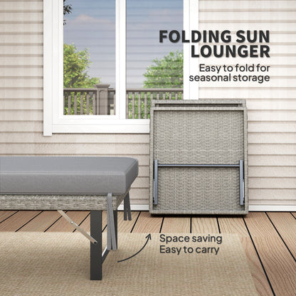 Single Folding Rattan Sun Lounger, with Cushion - Grey