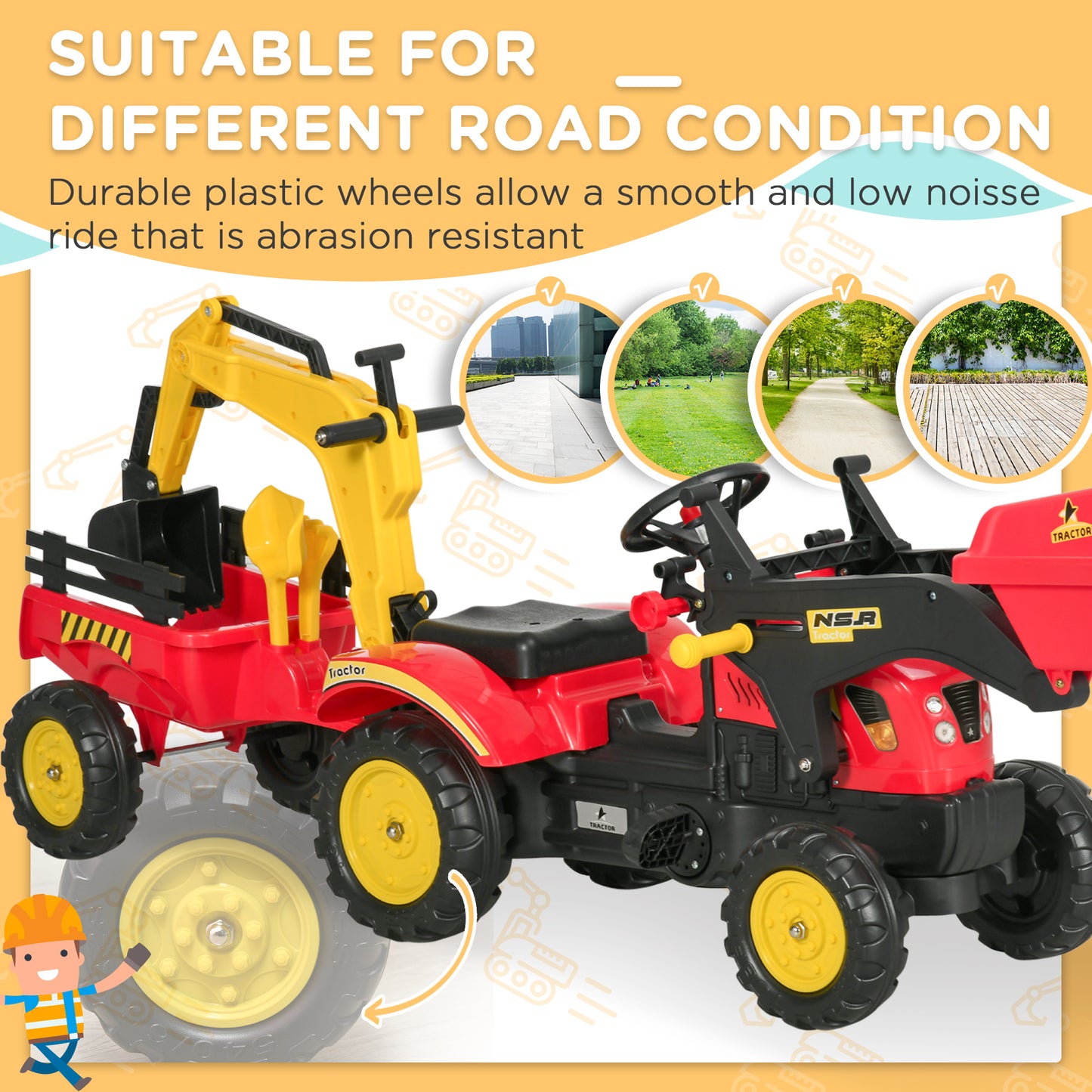 Ride On Tractor for Kids, 3 in 1 Ride On Excavator Toy Car with Adjustable Bucket, Digger and Removable Trailer