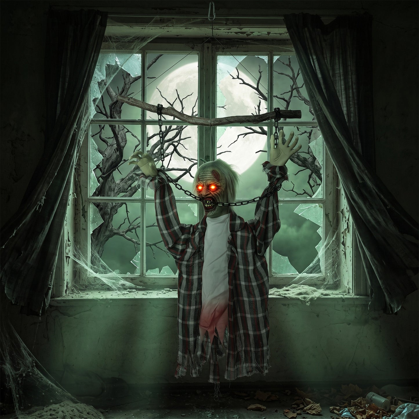 110cm Screaming Animated Hanging Halloween Decoration, Sound Touch Activated Zombie Decor with Glowing Red Eyes