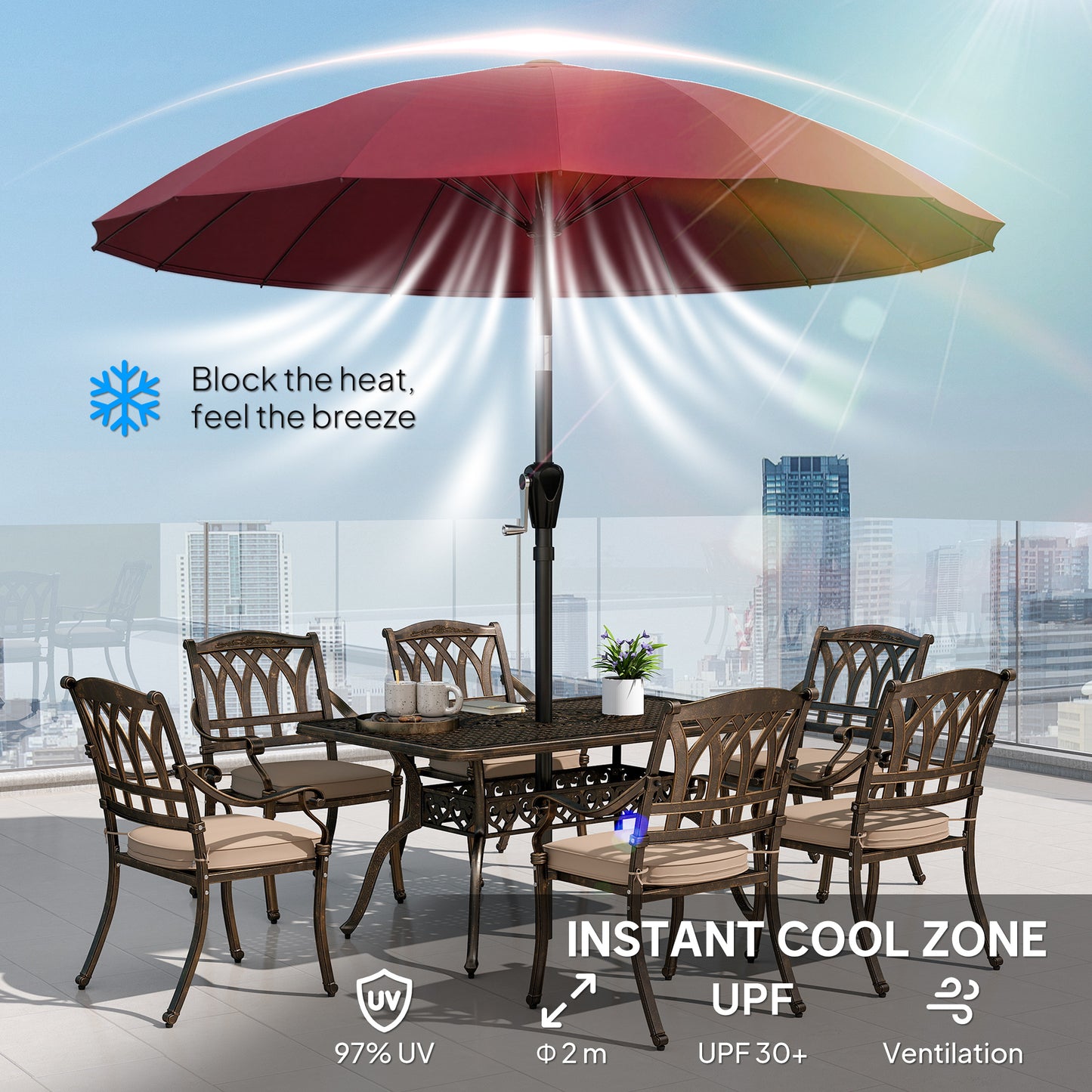 2 m Shanghai Garden Parasol Umbrella with 16 Fibreglass Ribs, Outdoor Parasol Sun Shade with Crank & Tilt, Wine Red