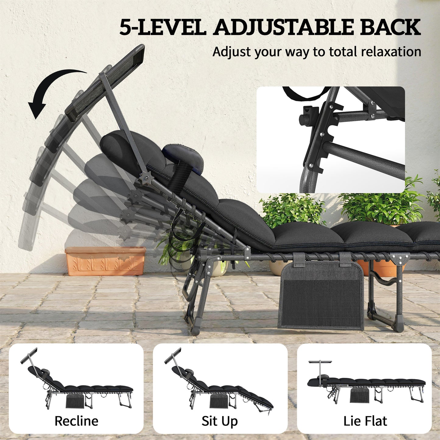 Folding Sun Loungers Set of 2 with Canopy, Reclining Sunbed with Cushion, Side Pocket, Carrying Handle, Black
