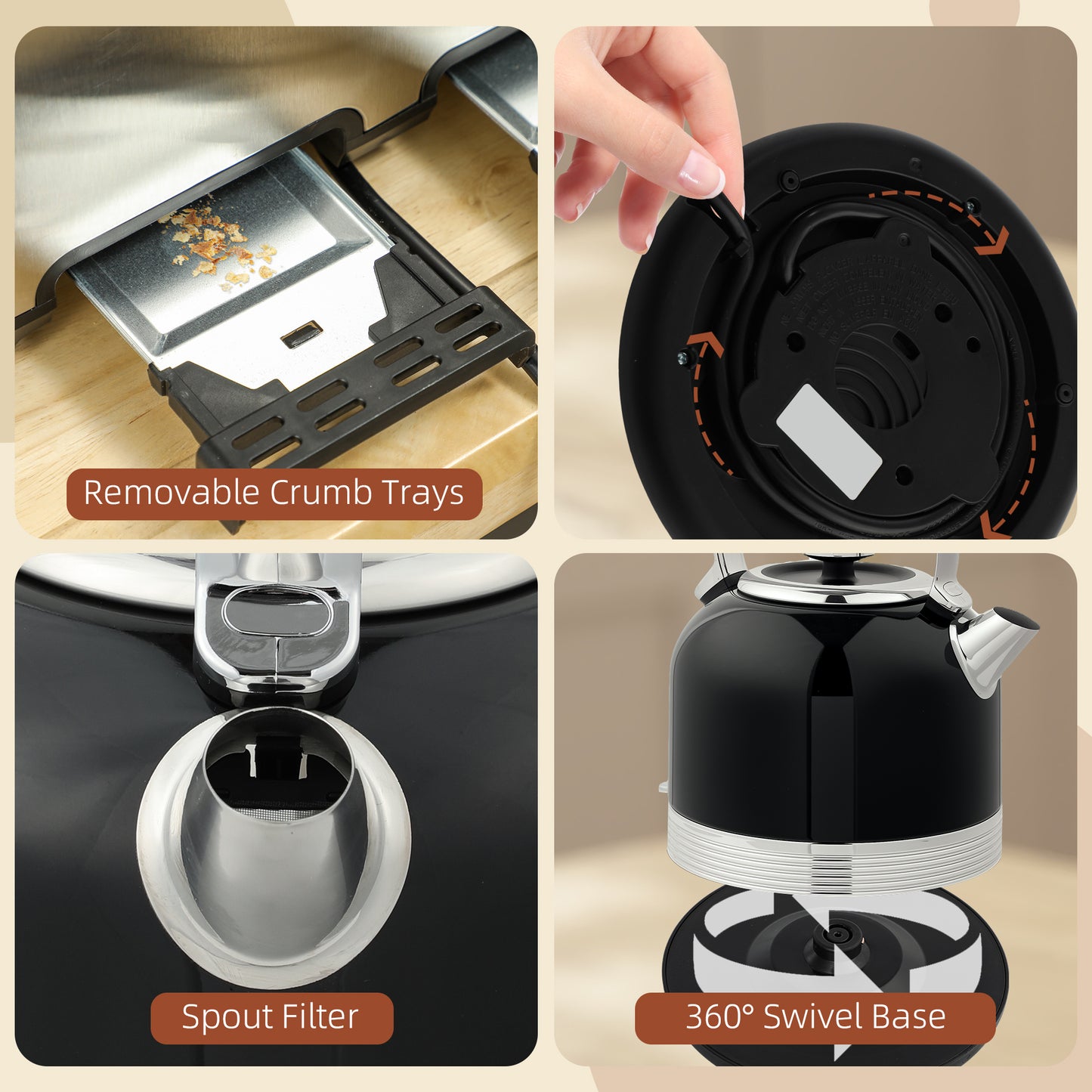 Polished Stainless Steel Kettle and Toaster Set - Black
