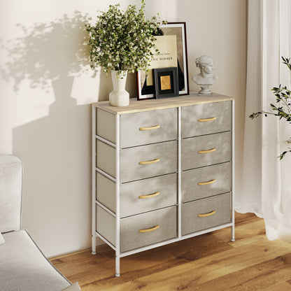Fabric Chest of Drawers, Industrial Bedroom Dresser with 8 Fabric Drawers, Steel Frame and Wooden Top for Nursery