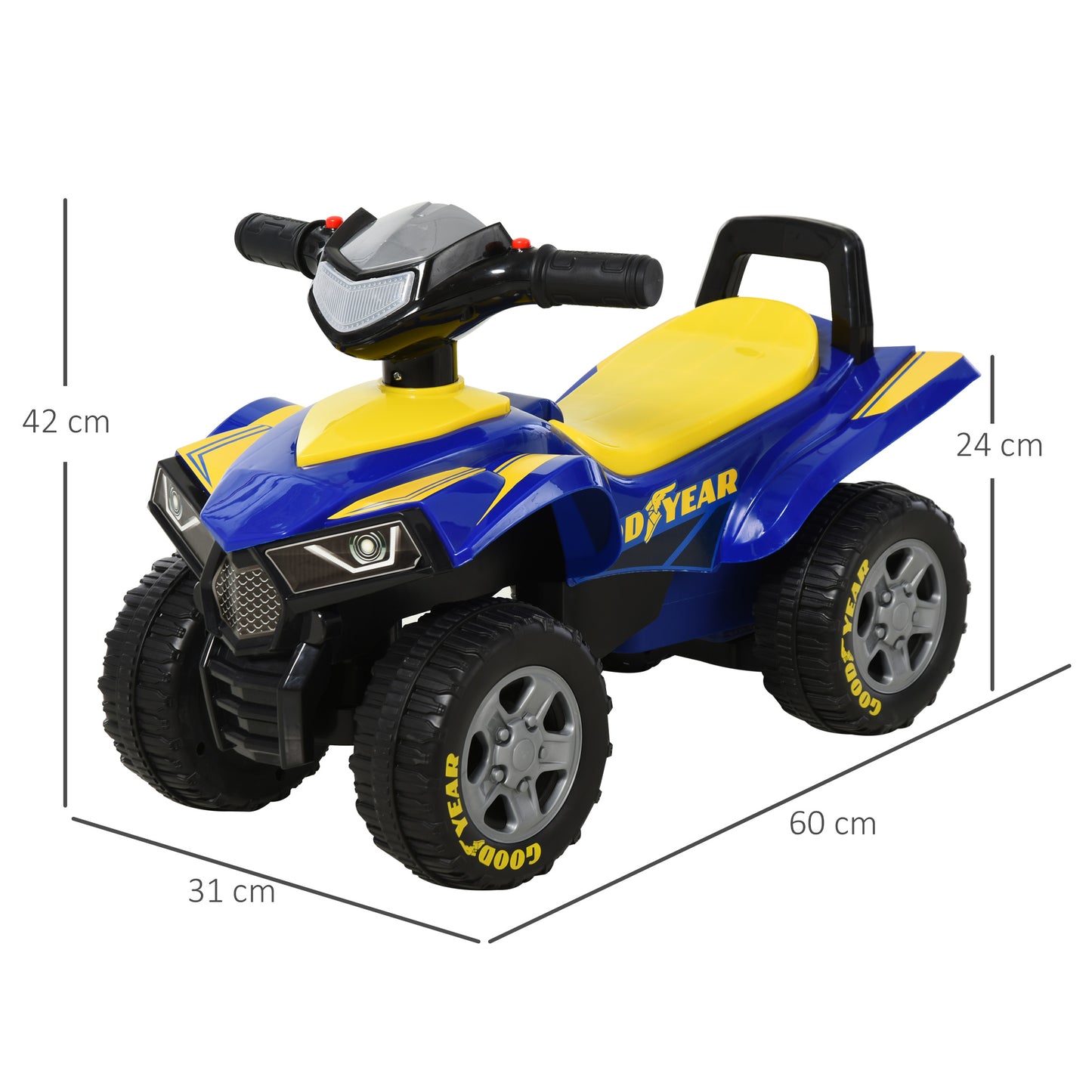 Baby Quad Bike Kids Ride On Car Goodyear Licensed Walker Foot To Floor Slider NO POWER w/ Lights Horn Storage Blue for 18-36