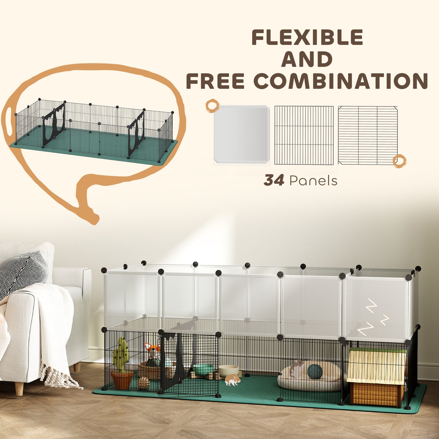 Pet Playpen with Waterproof Mat, DIY Small Animal Enclosure 34 Panels, Indoor/Outdoor Metal Pet Fence for Guinea Pigs