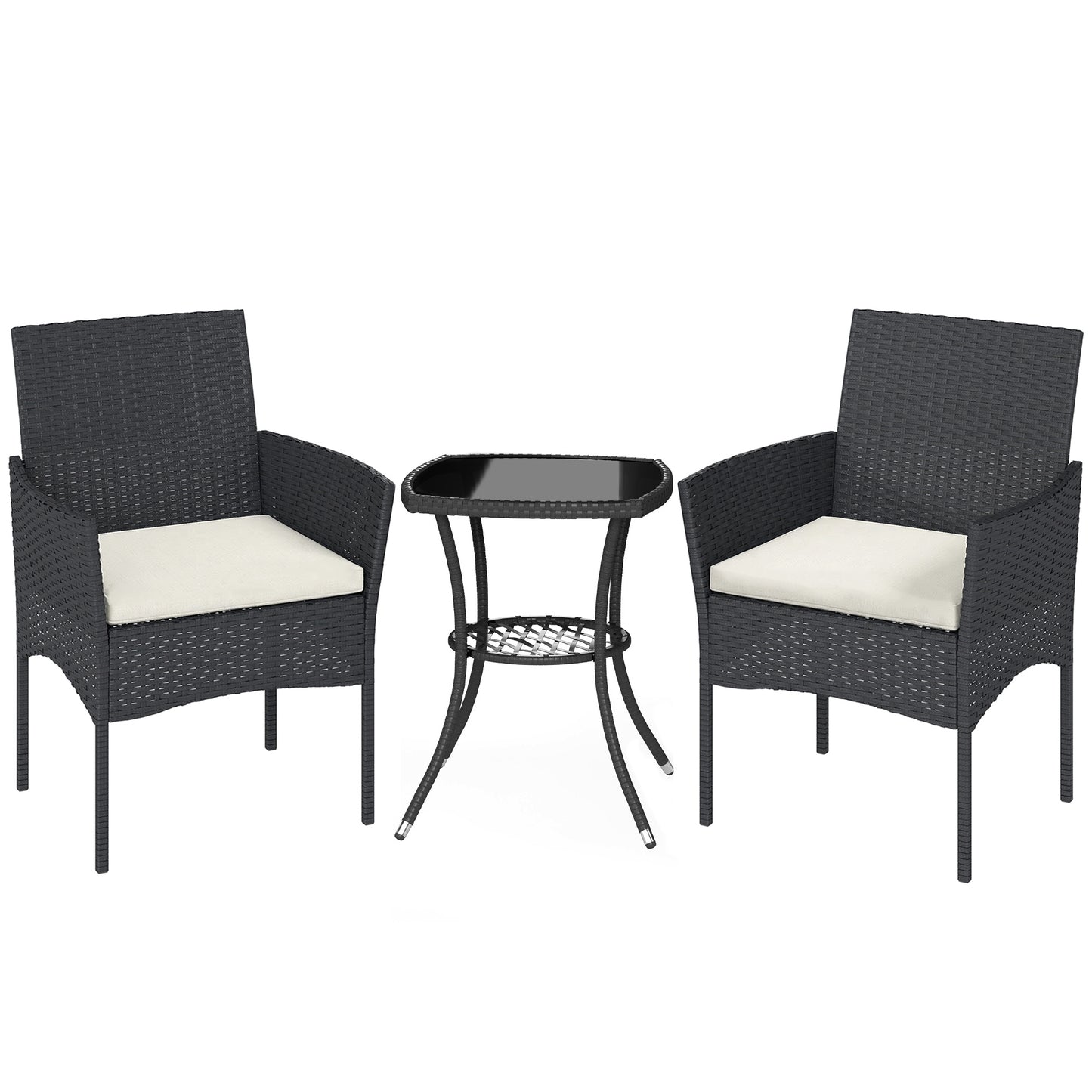3 Piece Rattan Bistro Set, PE Wicker Garden Furniture Conversation Set with 2 Tier Glass-Top Table, Chairs, Cream White