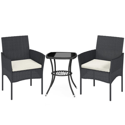 3 Piece Rattan Bistro Set, PE Wicker Garden Furniture Conversation Set with 2 Tier Glass-Top Table, Chairs, Cream White