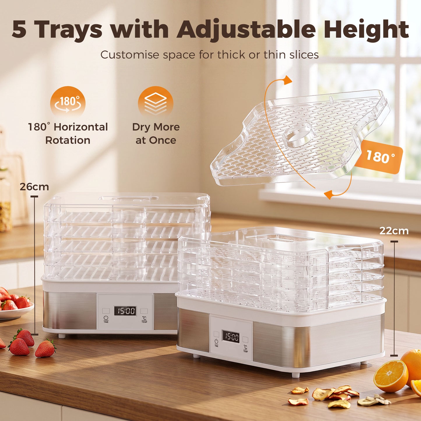 5 Tier Food Dehydrator, 245W Stainless Steel Food Dryer Machine with Adjustable Temperature