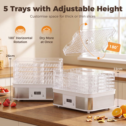 5 Tier Food Dehydrator, 245W Stainless Steel Food Dryer Machine with Adjustable Temperature