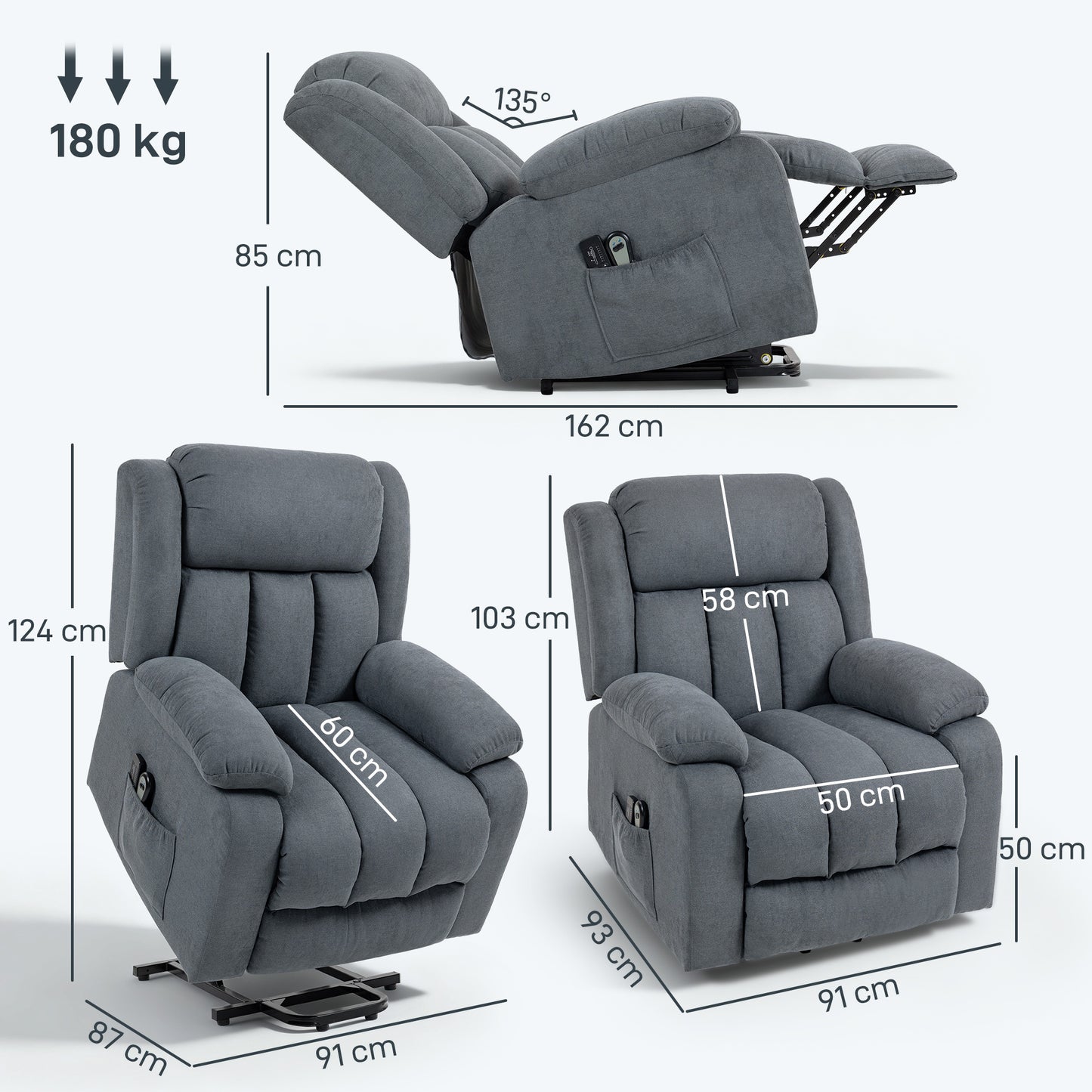 Power Lift Recliner Chair with Vibration Massage, Lift Chair for Elderly with Footrest, Remote, Side Pocket, Grey