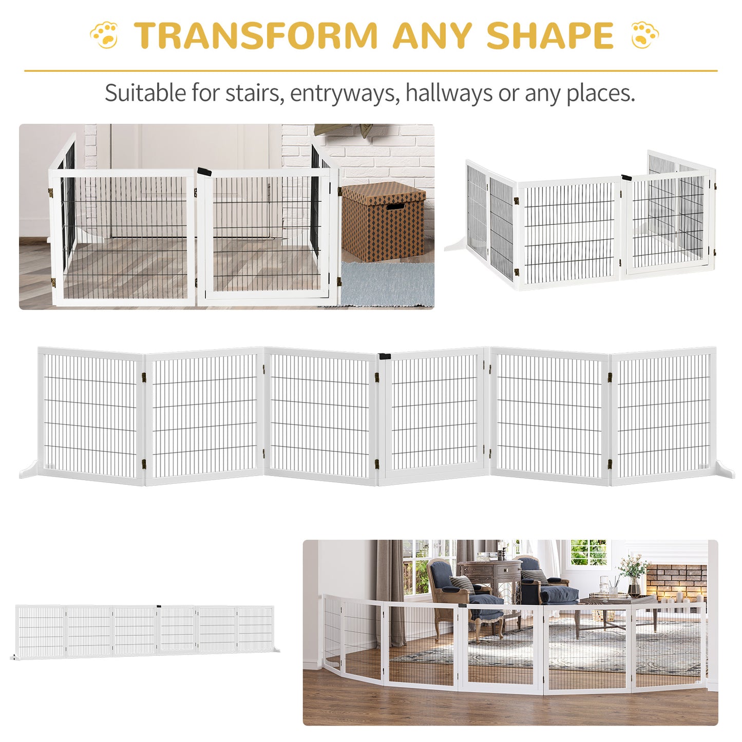 Wooden Pet Gate, Freestanding Dog Safety Barrier with 2 Support Feet, White