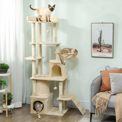 170 cm Large Cat Tree, Cat Tower with 7 Scratching Posts, Tunnel, 2 Condos, Hammock, Perch, Ramp, Pompoms, Beige