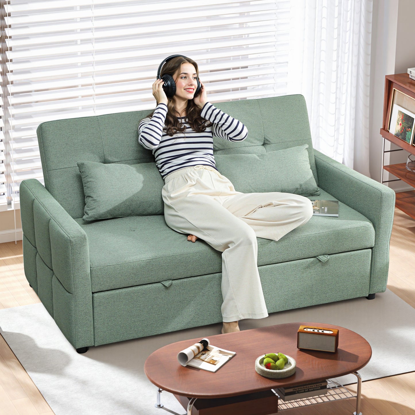 Three-Way 2 Seater Sofa Bed with Three-position back and Two Soft Pillows - Green