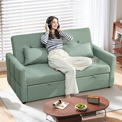 Three-Way 2 Seater Sofa Bed with Three-position back and Two Soft Pillows - Green