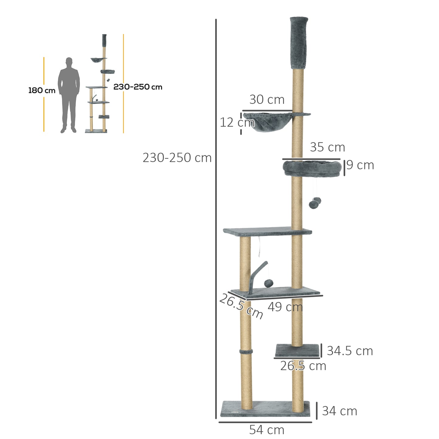 230-250cm Floor-to-Ceiling Climbing Cat Tree Tower - Grey