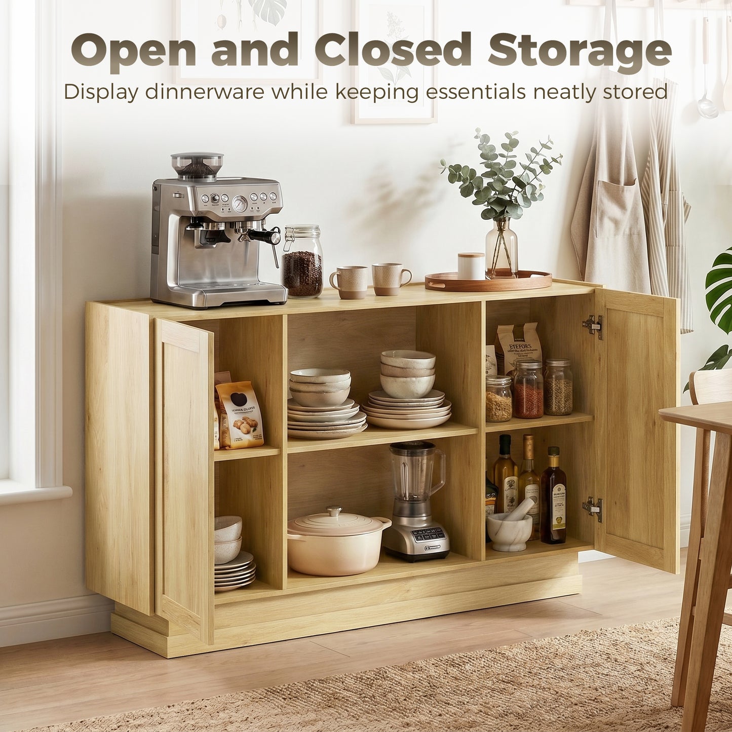 Sideboard Buffet Cabinet, 133 cm Storage Cabinet with 2 Open Shelves, 2 Cupboards and Soft Close Doors, Natural