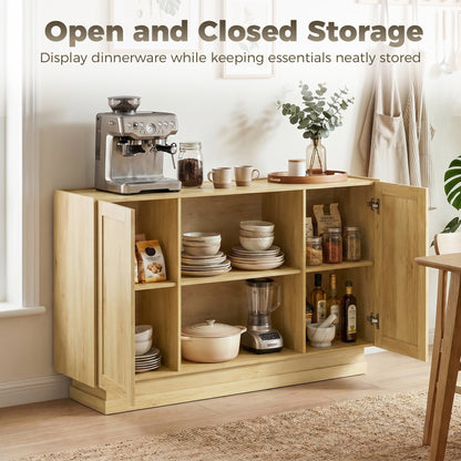 Sideboard Buffet Cabinet, 133 cm Storage Cabinet with 2 Open Shelves, 2 Cupboards and Soft Close Doors, Natural