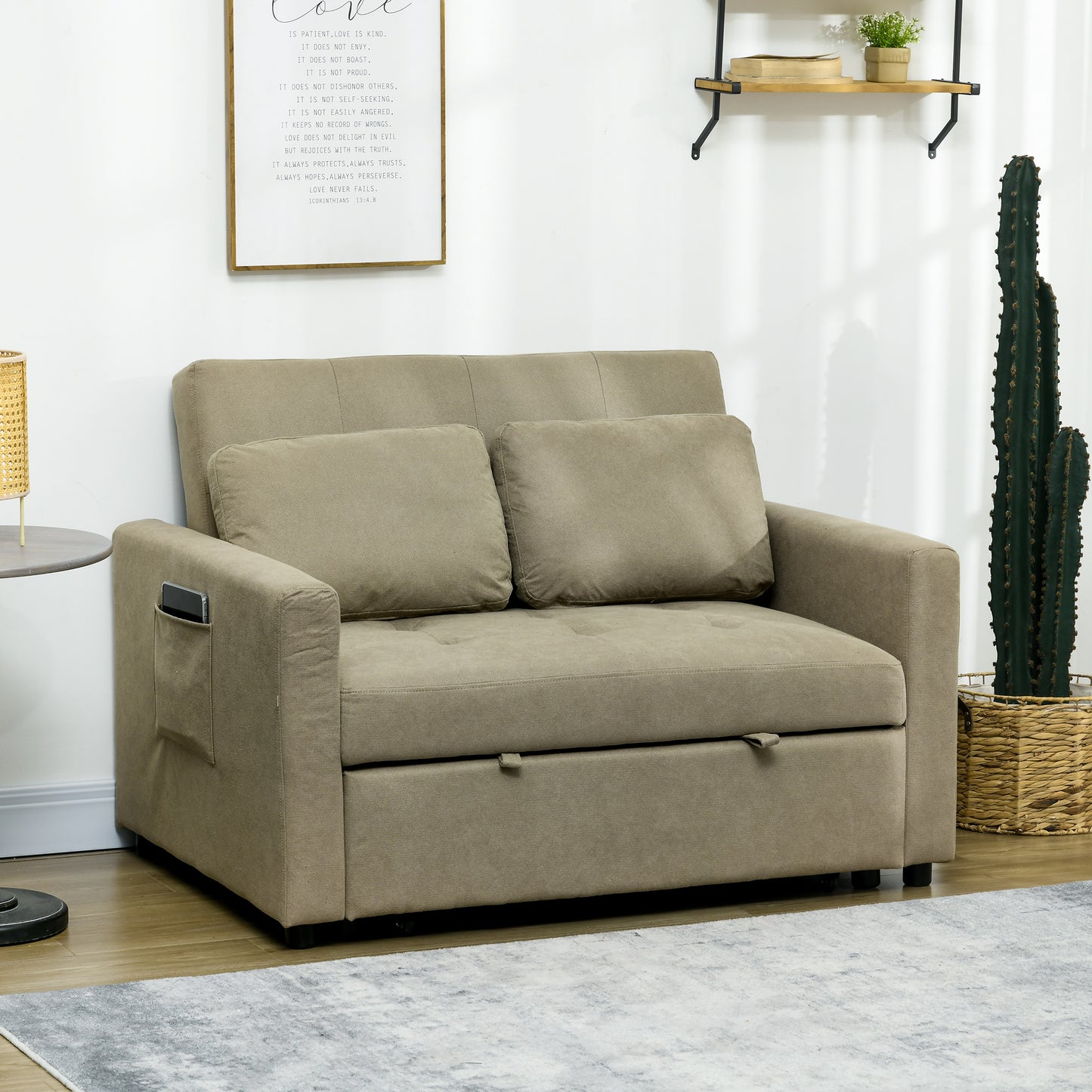 Loveseat Sofa Bed, Convertible Bed Settee with 2 Pillows, Side Pockets, Light Brown