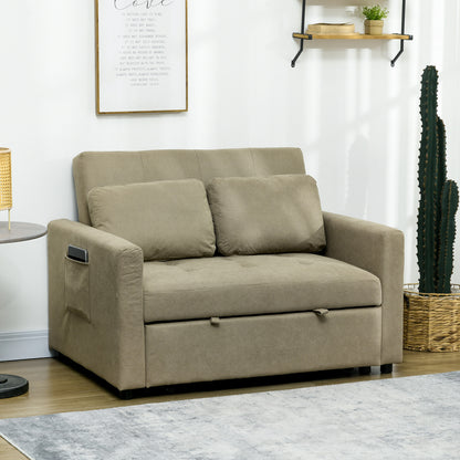 Loveseat Sofa Bed, Convertible Bed Settee with 2 Pillows, Side Pockets, Light Brown