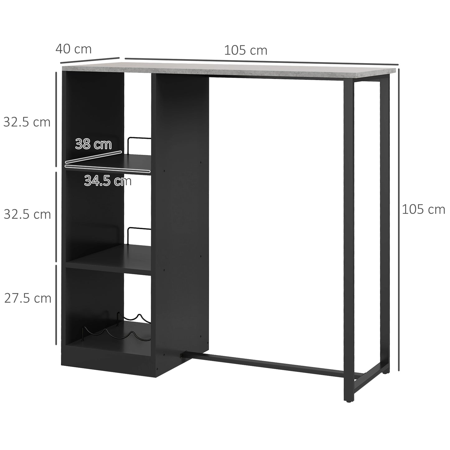 Breakfast Bar Table, Bar Table with 3-Tier Storage Shelf and Wine Rack, 105W x 40D x 105H cm, Black