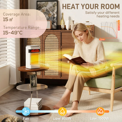 Ceramic Electric Heater, 1500W Fan Space Heater with 3 Modes, 24H Timer, Flame Effect, Oscillation for Bedroom, White