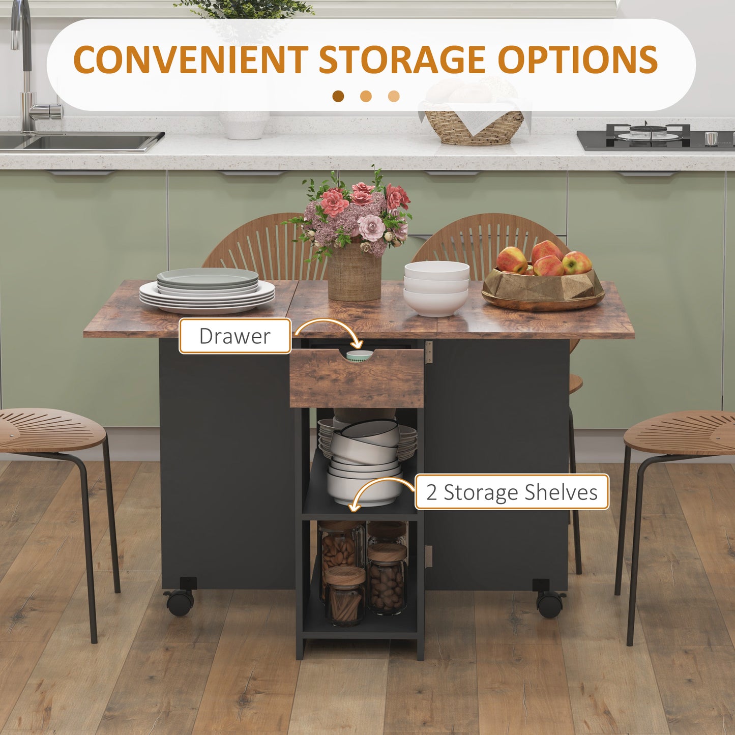 Folding Dining Table, Drop Leaf Table for Small Spaces, Foldable Table with Drawer and Storage Shelves for Kitchen