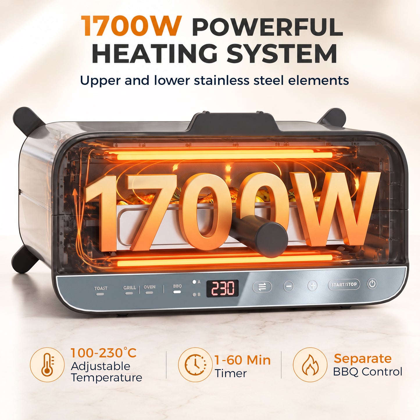 3-in-1 Electric Mini Oven, Long Slot Toaster and Tabletop Grill, with LED Display, 60 Min Timer, Stainless Steel, 1700W
