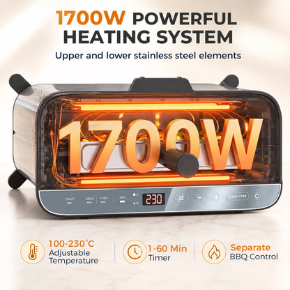 3-in-1 Electric Mini Oven, Long Slot Toaster and Tabletop Grill, with LED Display, 60 Min Timer, Stainless Steel, 1700W