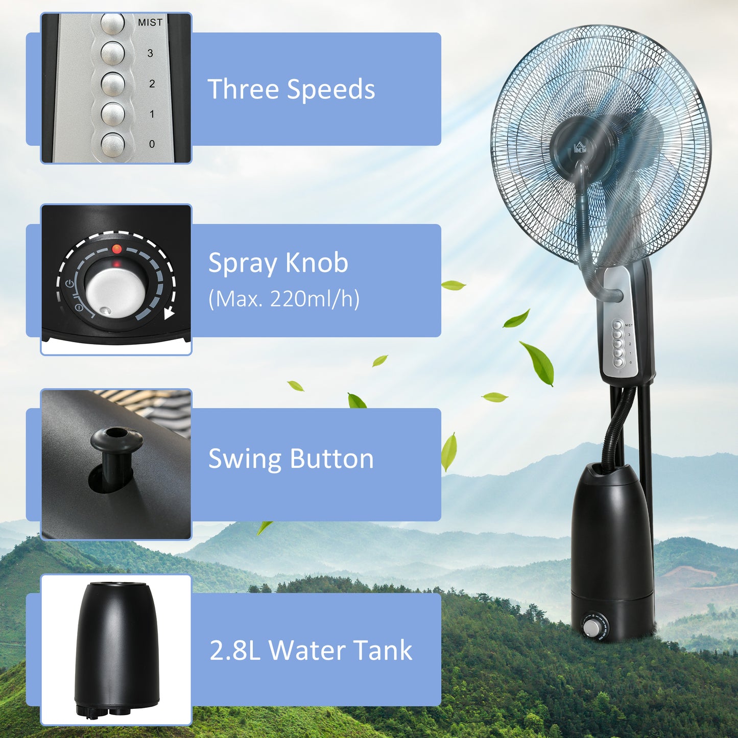 Spray Misting Fan, Floor Fan with Water Mist Spray, 70° Oscillation, Tilt Head, 3 Speeds, 2.8L Water Tank, Black