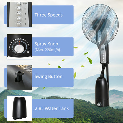 Spray Misting Fan, Floor Fan with Water Mist Spray, 70° Oscillation, Tilt Head, 3 Speeds, 2.8L Water Tank, Black