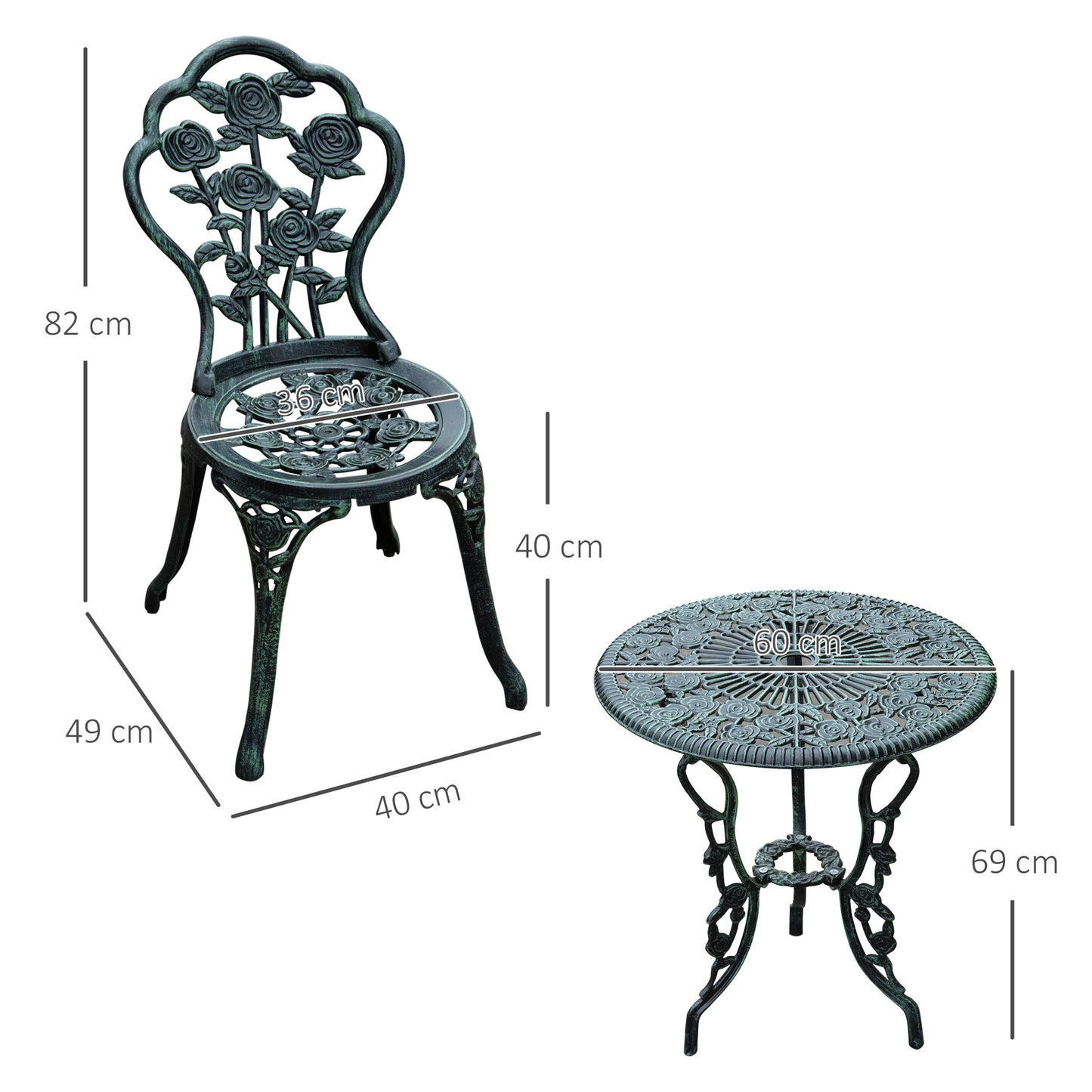 Cast Aluminium Outdoor Patio Garden Bistro Elegant Design Table Chair Set - Green (3-Piece)