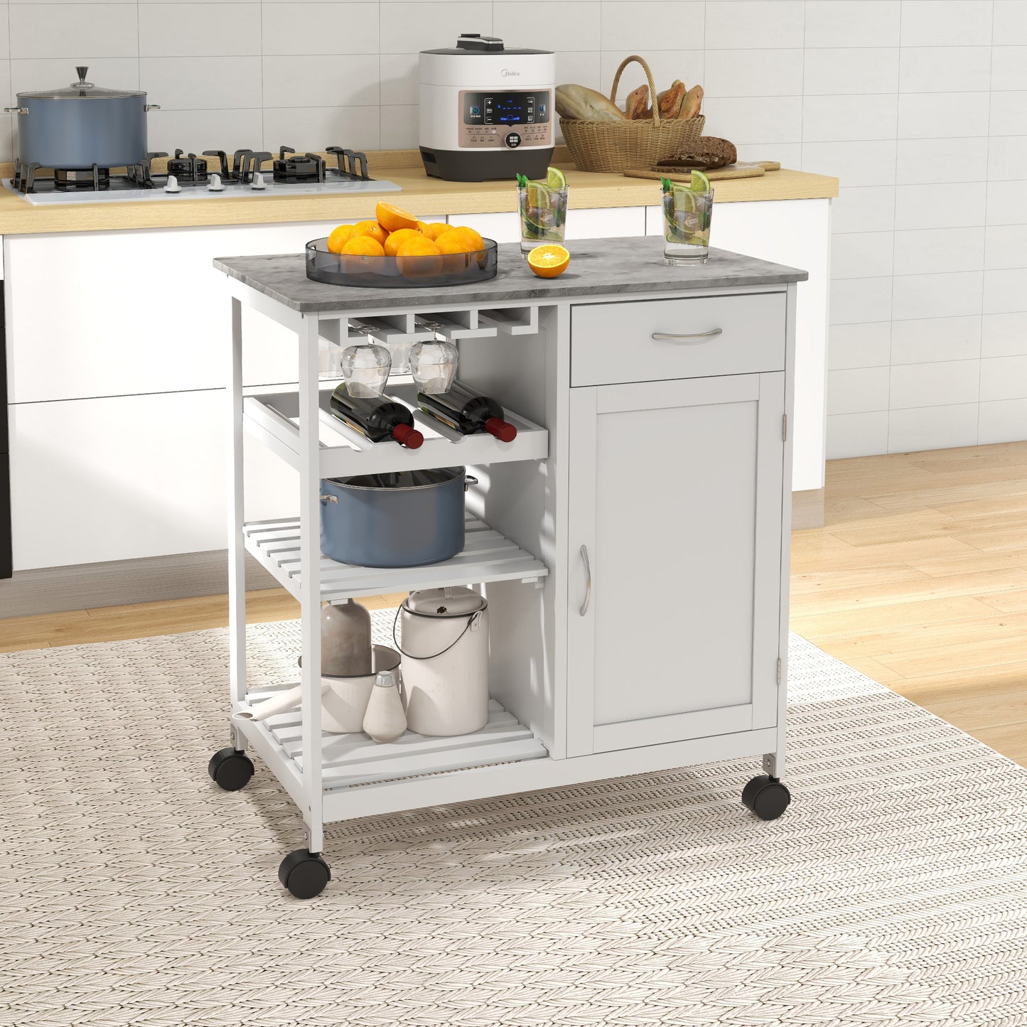 Kitchen Trolley with Wine Rack, Drawer, Open Shelf and Storage Cabinet for Dining Room, White