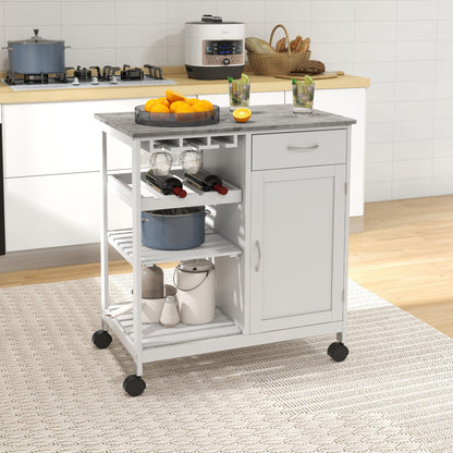 Kitchen Trolley with Wine Rack, Drawer, Open Shelf and Storage Cabinet for Dining Room, White
